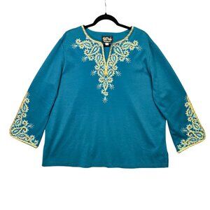Bob Mackie Wearable Art Teal Embroidered Long Sleeve Top 2X Thick Paisley Accent